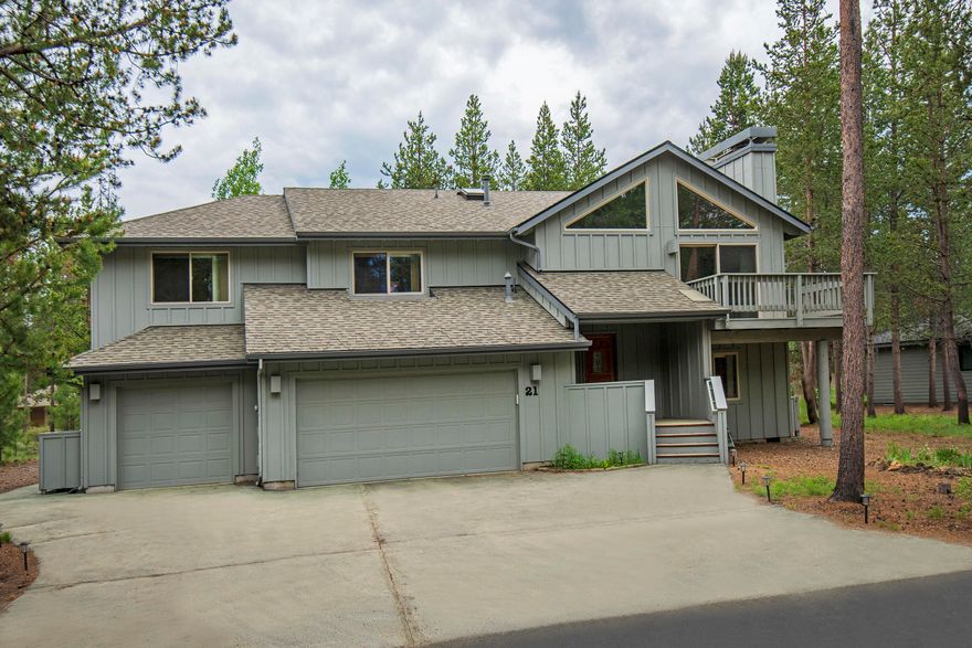 21 Dutchman Lane is located in the heart of Sunriver just off Cottonwood Rd., near the North store & Ft Rock Park.  The reverse living floorplan offers both a front and back deck off the great room.  Upstairs you will find a large open floorplan with great room, eating area and updated kitchen.  There is a powder bath, an office/4th sleeping area and a very large primary suite with walk in closet. Downstairs are two bedrooms; including a 2nd primary. There is an additional full bath and laundry room which leads to the garage.  The house has plenty of storage, but the garages really give you the space you need, for all your toys.  In addition to the two-car garage there is a 3rd bay, which is tandem and great for snowmobiles, a small boat, etc.  There is also a designated heated workshop and a large storage shed.  The large back deck, with awning, is plumbed for gas grill, wired for a hot tub and has stairs down to the back yard.