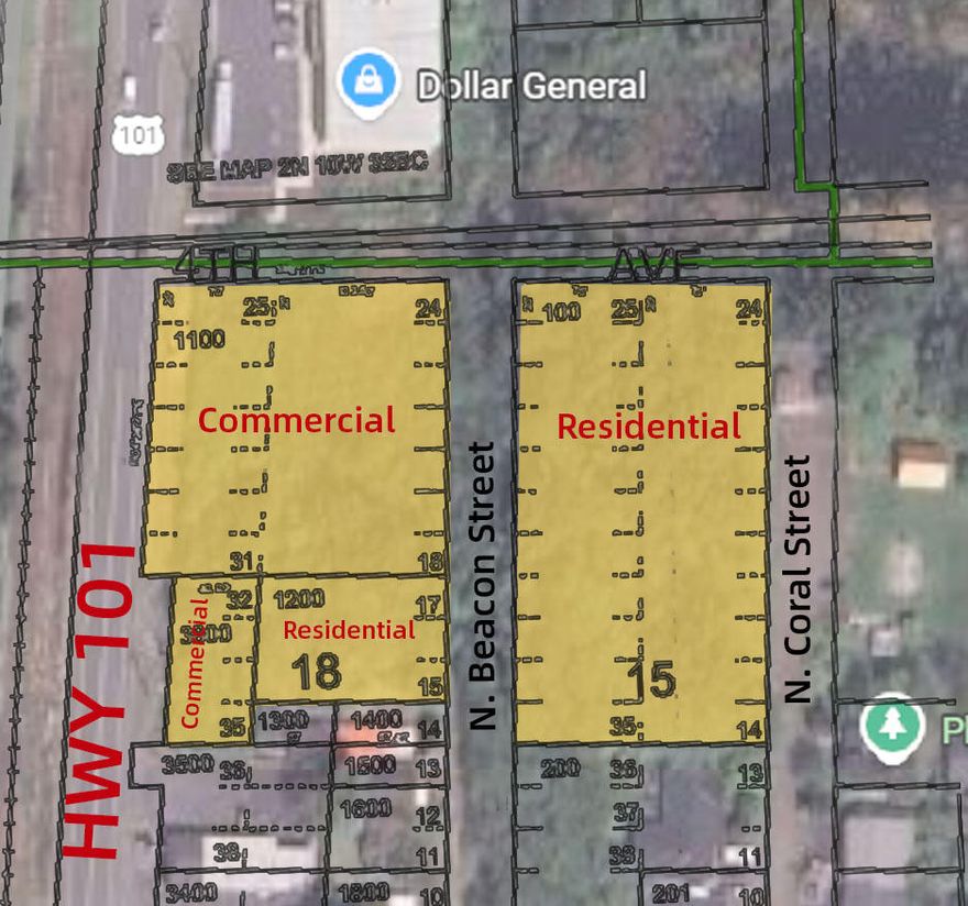 Packaged Portfolio Sale including 4 lots totaling 1.97 acres of land. 2 Mixed Use lots (.83 acres)-Seaview Park Bk 18 Lots 18-31 on Hwy 101 AND Seaview Park Bk 18 Lots 32-35 on Hwy 101. ALONG WITH 2 Residential lots (1.14 acres)-Sea View Bk 15 Lots 14-34 on Coral Street AND
Sea View Bk 18 Lots 15-17 on Beacon Street. This treed property features mature trees, nearby utilities, and endless potential for commercial development, custom home development or personal retreat. Nestled near a beautiful local park, you'll enjoy a peaceful setting while still being close to town amenities. Take advantage of this rare opportunity while you still can!