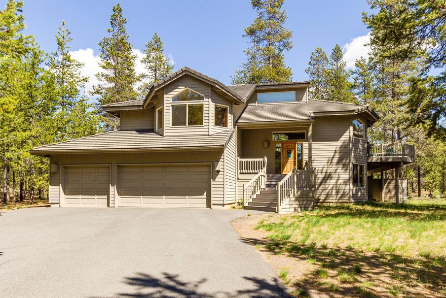 Welcome home! This 5 bedroom, 4 bath Sunriver vacation property offers a private setting on a generous .41 acre lot in the heart of the Resort. The second story main floor takes advantage of the views, featuring vaulted ceilings, a gas fireplace and a wall of windows looking out through the trees. The dining area, kitchen w/ pantry, primary bedroom with deck access and a generous en suite bathroom, second guest room and adjacent full bathroom complete the level. Step out onto the spacious wrap-around composite decking to dine outdoors. On the ground level you'll find the 3rd, 4th, and 5th bedrooms, one with an attached bath, the family room, laundry room and 2 full bathrooms. Stargaze from the private tub on the expansive lower deck. The three-car attached garage offers ample storage for all your gear! Turnkey and ready to enjoy, whether you intend to rent or keep all to yourself!