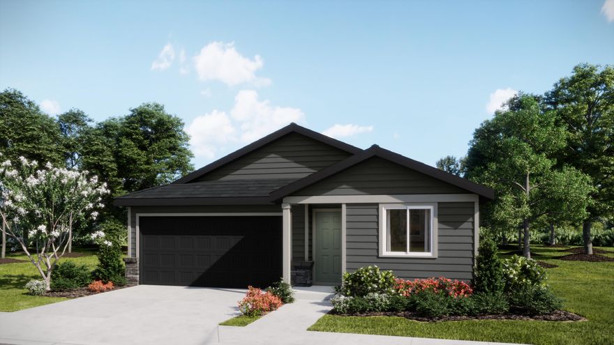 This new construction home is located at Reserve in the Pines, surrounded by year-round outdoor recreation with open spaces and adjacent to a community trail. The Jordon plan offers a single-level open-concept layout that seamlessly connects the kitchen, great room, and dining area, perfect for entertaining. Three bedrooms are thoughtfully positioned throughout the home, with the luxurious primary suite tucked into a private back corner, complete with its own en-suite bath and walk-in closet. Interior highlights include quartz countertops, shaker-style cabinetry, and luxury vinyl plank flooring in the kitchen and bathrooms. This home also includes central AC, a refrigerator, washer and dryer, a xeriscaped front yard with a drip irrigation system, and blinds—all at no extra cost! Homesite #150. Expected completion: January 2026. Rendering is artist conception only. Photos are of a similar home, features and finishes will vary.