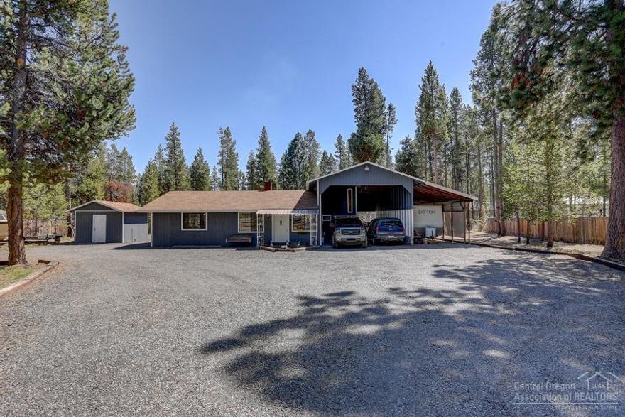 Unique 2 bedroom turnkey Hone on 1.07 Acres in great neighborhood perfect for starter home or vacation property. Updated Home Features Master bedroom on main level plus 2nd loft bedroom with 1/2 bath & private deck, kitchen with eating nook new flooring, paint, updated bathroom, laundry / storage, back patio, electrical & more. Large driveway with attached covered RV & car parking, Storage bldg, Screened in Gazebo, partially fenced yard and 24x34 garage/shop. Private Neighborhood between big & little Deschutes Rivers all in the heart of Skiing, Biking, Fishing, Hiking paradise.