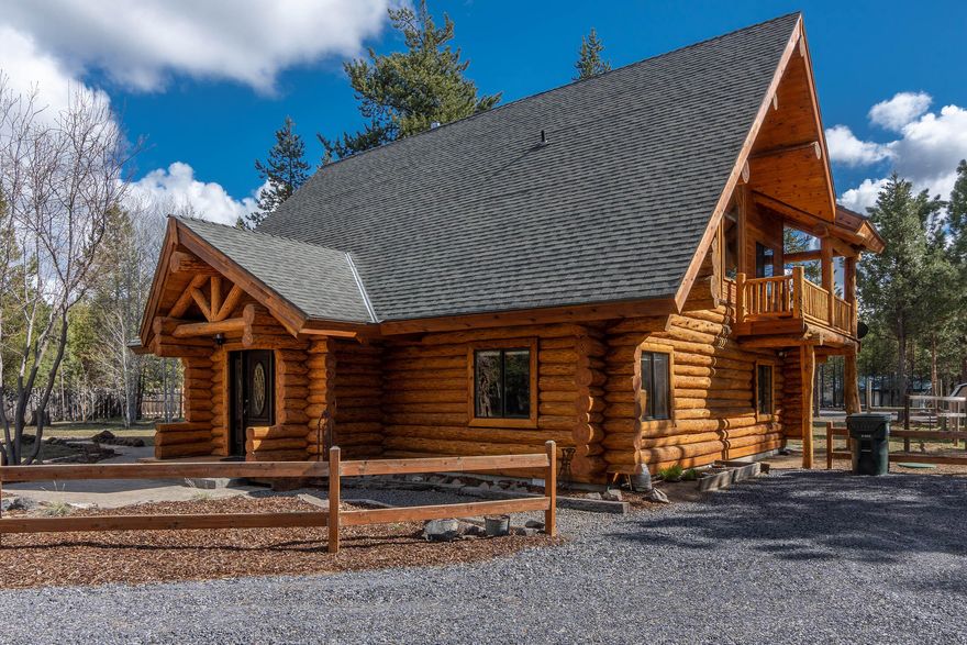 This stunning log home sits on a 1.14 corner acre lot near the Deschutes National Forest in La Pine, Oregon. The exterior was sanded and stained in 2021. Vaulted ceilings and large windows in the great room. There are 2 bedrooms and a bathroom downstairs, as well as the laundry room. Upstairs, you'll find a loft and the primary suite, complete with a large walk-in closet and private wrap-around deck. There is a mini loft above the master bath for additional storage. 
Large lot includes an 864sq ft shop and plenty of room to store your boats/RV. 
Minutes away from La Pine State Park, Cascade lakes and all the amenities in Central Oregon.