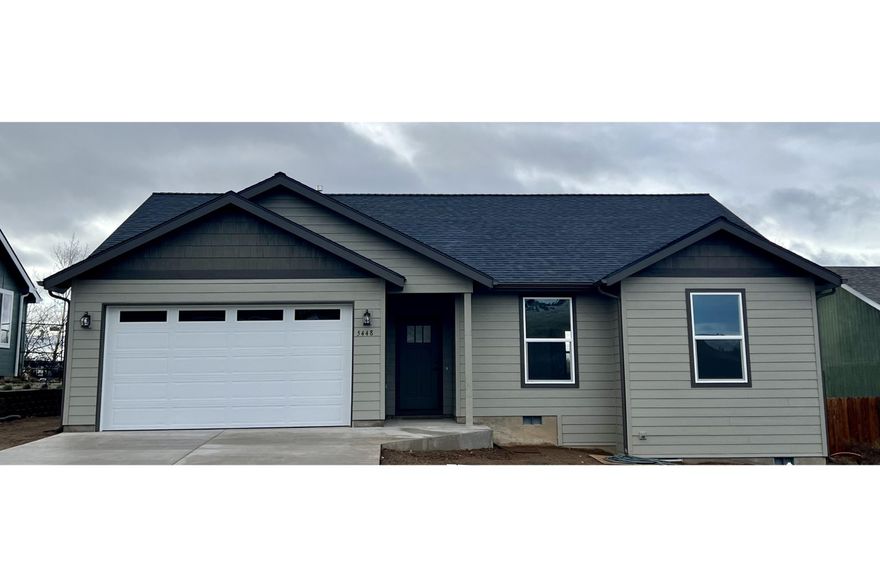 New construction 3 bedroom home in Klamath Falls for sale. Built in 2024, this new home on .25 acres offers 1,605 sq ft of modern living all on one level. Enjoy an open floor plan with vaulted ceilings, hardwood flooring, and hand-textured walls. The kitchen is a dream, featuring granite countertops, knotty alder cabinets, stainless-steel appliances, and a spacious island. The great room centers on a cozy fireplace framed by knotty alder built-ins, perfect gatherings. Spacious yard with covered rear patio and great views. This home offers the ultimate in low-maintenance convenience, with a builder's warranty included for peace of mind. Located near town, you'll have easy access to amenities such as Steen Sports Park - a fantastic bonus, offering 4 soccer fields, a collegiate-size baseball field, 6 baseball/softball fields, Mike's Fieldhouse, a skate park, pickleball courts, playgrounds, trails, and concession stands. Don't miss out on the opportunity to make this home yours...