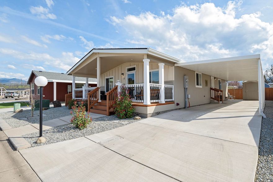 Well, well, well.  Well-located, well-built & well-maintained.  You'll have all the comforts of home & little work when you own this easy-care Skyline home in Creekside Estates, a 55+ park with a pool, clubhouse & RV parking available.  This sunny 2 bedroom + den, 2 bath home built in 2022 has a winning combination of being lightly lived in, has vinyl flooring, & a ceiling fan in the living room. The living room, kitchen & dining room flow together in one open vaulted ceilinged room.  All the kitchen appliances are included.  The den/office can be private by closing the French doors. The master is indeed a suite retreat!  Big enough for a king-sized bed, a walk-in closet, a large bathroom & a linen closet. A tool shed behind the carport will help with storage needs. Fencing, landscaping & a sprinkler system are already installed too. Get set for summer on a large front porch fit for daydreaming. Put your feet up and enjoy a no-care yard while taking in the views.  Want to know more?