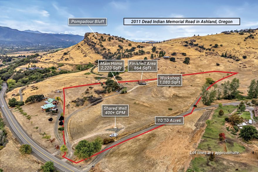 Rare family homestead served by 400+ GPM well on EFU-zoned acreage in the foothills of Grizzly Peak near Pompadour Bluff, just six miles from downtown Ashland! Main level of primary residence with charming covered front porch, two bedrooms with closets, full bathroom with tub shower, living room with pellet stove, dining area with bay window,  kitchen with stainless double sink, dishwasher, refrigerator, electric range oven with hood, walk-in pantry, and laundry room. Upper level with three additional bedrooms and full bathroom with tub shower. Double-paned windows with vinyl frames throughout. Accessory structure with huge 1,080 SqFt workshop, 220V electrical, full bathroom with washer, dryer, and tub shower, and an additional 864 SqFt of finished area with kitchen, living room with wood stove and sliding glass door to view balcony, and three bedrooms with closets. Mature shade trees, panoramic views, and gently sloping pasture with Southern exposure. Inquire for details!