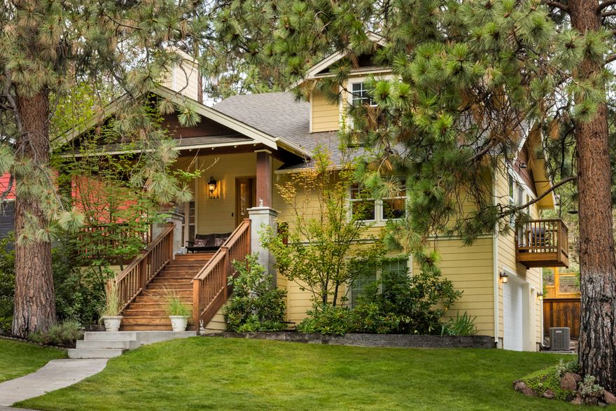 Backing to Overturf Butte Trail & just one house from the Park, this gorgeous home offers privacy while placing you in the heart of Bend's Westside living! The artful residential design optimizes entertaining spaces while maintaining robust private areas for work, study & repose. A storybook front porch welcomes you to a classy + well cared-for interior. Remodeled in 2016/2017, this colorful home is highlighted by vaulted ceilings + thoughtful details. From the back of the home, enjoy access to the lush, beautifully landscaped, fully fenced yard w/ coveted privacy + a top-of-the-line therapeutic spa.  Main lvl has spacious living room, dining, eat-in kitchen w/ island, office/music room + half bath. Current owners developed the flex room over the garage; bdrm, art studio, office, ZoomRoom, gym, guest space w/ Juliette balcony + Skylights. Upstairs is 3 bdrms, 2 baths; primary w/ dbl vanity, designer finishes, custom walk-in closet. New furnace, A/C, tankless hot water heater + roof.