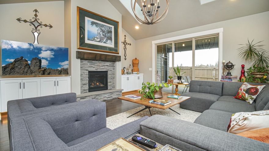 Beauty in The Bridges! Built in 2019 by award winning builder Pahlisch Homes, enjoy this like-new, IMMACULATE single level stunner. This elegant 3 bedroom, 3 full bath charmer features large quartz island/bar kitchen, gas stove, dining area & vaulted great room. Natural light pours in from skylights & a show stopping wall of clerestory windows that provide year round views of sky and treetops. Upgrades galore; including enhanced masonry on exterior of home, built-in floating fireplace cabinets, sink in the utility room and more. Landscaped front & back with a huge covered patio enjoy a private feel on this corner lot with fantastic access to new 37-acre Alpenglow park & Caldera High School. One of two primary level suites features private access to back deck, spacious walk-in closet, luxurious bath w/ double vanity and tiled shower. A/C. Community amenities include clubhouse, pool, gym.