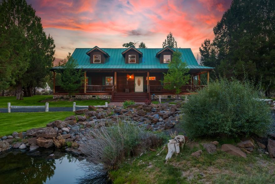 There is something incredibly special about a log cabin home, especially this one! From the minute you step inside you'll be captivated by the the master crafting using trees from the forest, that no machine can produce. Beautiful floor to ceiling rock fireplace as the centerpiece and cathedral windows that frame the gorgeous Cascade Mountain views.  Reclaimed pine wood floors throughout and newly updated leathered black granite kitchen counter. Main level living with a large loft area offering versatile space that can be used as 2 separate additional sleeping areas. Unwind and create lasting memories on the 3/4 wrap around porch or campout in the locally made Tipi.  Plenty of room for all the toys and tools in the oversized detached 30 x 40, 3 car garage & shop area. RV pad with hookups. Circular driveway with wonderful pond and water feature. Nearly 10 acres of quiet privacy in the coveted Sisters school district. It's time to make this amazing log cabin your new Home Sweet Home!