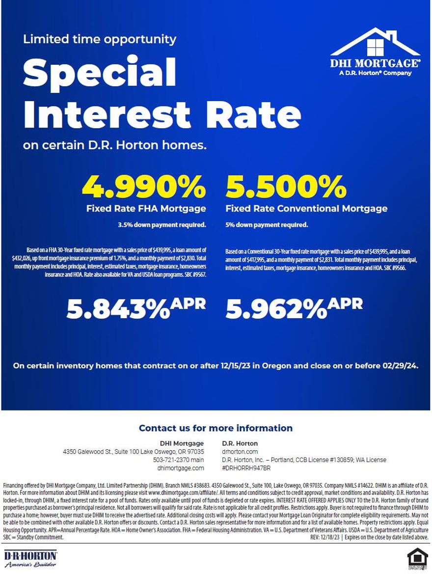 RED TAG SALES EVENT!!BIG SAVINGS@Bear Creek Community, a new DR Horton community in beautiful Medford! Now  special interest rate available on certain new inventory homes with preferred lender plus $5K BB in Closing Costs. See flyer and agent for details. Our popular Berkshire plan has an open concept layout with kitchen open to living area, 4 bedrooms, 2.5 baths, 2 car garage on quiet street! Quartz countertops, premium laminate flooring, stainless steel appliances with gas range, large island and pantry! Hi-efficiency furnace, Smart home package and new home warranty, we've got you covered!  Renderings and photos are representational of plan, but not actual home. Specs, features, colors and masonry vary.