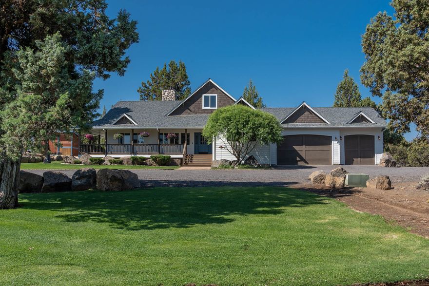 Conveniently located only minutes from Bend, and all of the great local services, shopping, restaurants is your personal 9.4 acre oasis nestled in the trees. The 2,397 sq ft open floor plan includes 3 large bedrooms 2 full bathrooms, a loft, and office. The primary suit is on the main level with privacy from the rest of the home. The freshly painted, updated home offers vaulted ceilings, natural light, and a warm ''at home'' feeling. Access is via paved roads to your circular driveway to the home and the 40'x40',1,600 sq ft heated shop with 30-amp RV plug in, 50 amp welding outlet, and ceiling fan; plus a 12'x40' open air, side wing for additional storage with 120v exterior outlets around the shop.  Outside you will also find a covered wrap around porch, dog runs, storage shed and those 9.40 private acres. Enjoy sitting in your hot tub on the back patio listening to the central Oregon wild life. If you are looking for a quiet country life style close to town you do not want to miss thi