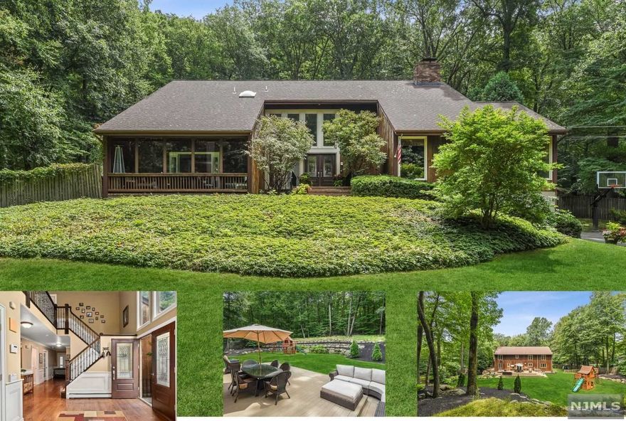 THIS IS NOT A DRIVE BY...BEST PART OF THIS HOME IS THE ENTIRE INSIDE AND PRIVATE REAR YARD OASIS! SELLERS ARE HAPPY TO CLOSE ON SEPT 1ST SO BUYERS ARE IN FOR LABOR DAY WEEKEND AND THE BEGINNING OF ANOTHER AMAZING KINNELON SCHOOL YEAR!! SUPER COOL SOARING SUN-DRENCHED ATRIUM FOYER GREATS YOU WITH LIVING ROOM AND FRONT SUN PORCH. FORMAL DINING RM WITH TRIPLE CASEMENT WINDOW OF LUSH REAR YARD OPENS TO KITCHEN OFFERING BEAUTIFUL CABINETRY AND GRANITE DETAIL WITH CENTER ISLAND, 6-BURN WOLF COOKTOP/OVEN, HIGH-END SS APPLIANCES, SLIDERS TO REAR MAINTENANCE FREE DECKING AND BAR WITH BEVERAGE FRIDGE. A POWDER ROOM, OFFICE W/BOOK SHELVES AND MAGNIFICENT GREAT RM WITH SOARING CEILING AND W/B FIREPLACE COMPLETE THE MAIN LEVEL. RETREAT UPSTAIRS TO A ROMANIC MASTER WITH HIDDEN BED TV, DOUBLE DOORS TO LOFT OVERLOOKING GREAT RM WITH W/B BRICK FIREPLACE AND LUXURIOUS MASTER BATH WITH LINEN CLOSET AND LARGE WALKIN CLOSET! THE LAUNDRY IS IN CENTER OF UPPER STAIRCASE BRIDGE JOINED BY 3 MORE BEDROOMS!