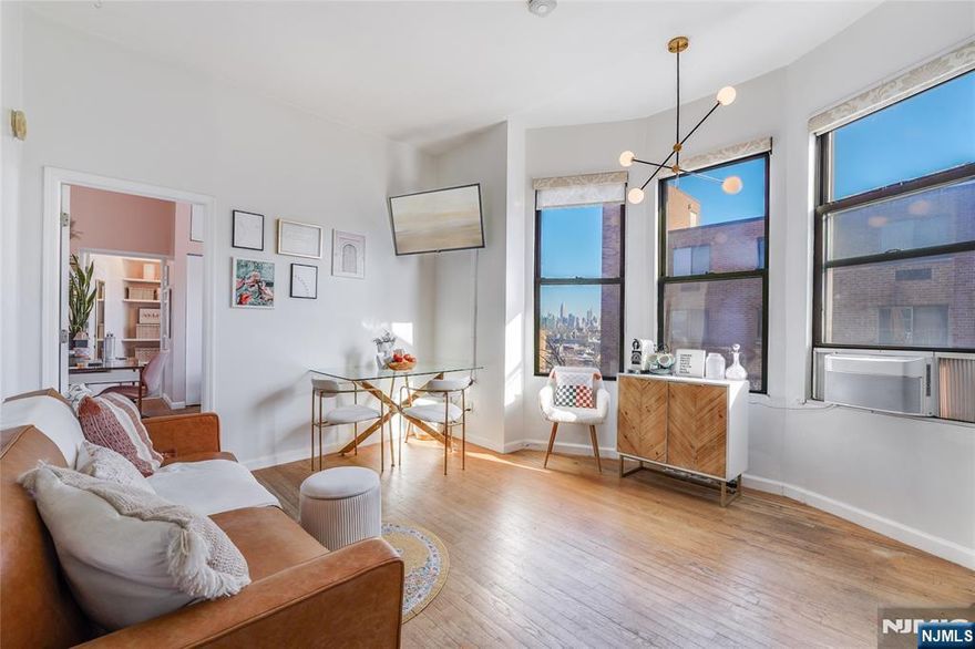 NYC views and a prime location are highlights of this bright, beautifully renovated top-floor apartment in an elevator building. With unobstructed skyline views from every room, this unit offers a perfect blend of style, comfort, and convenience. The apartment features stainless steel appliances, including a dishwasher, a newly renovated kitchen, fresh paint throughout, and a spacious bathroom with a newly installed waterfall showerhead. High ceilings, 6-foot tall windows in every room, and hardwood floors create a light-filled, modern space. The building includes a washer and dryer on every floor and is pet-friendly. Conveniently located just a 5-minute walk from the 2nd Street Light Rail, near both the Hoboken and Journal Square PATH stations, and with a bus stop just a few steps from the front door, this home is perfect for commuters. Itâ€™s also just one block from Riverview Park and within steps of local favorites like Choc-o-Pain, Ichiban, Prato Bakery, and nearby grocery stores.