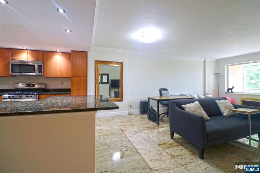 Experience elevated living in this beautifully renovated, oversized studio featuring stunning East-facing views and a private balcony with direct sightlines to the iconic New York City skyline. This bright and airy residence boasts soaring ceilings, a modern open-concept layout, and a generously sized living area. The sleek kitchen is outfitted with granite countertops and stainless steel appliances, while the large bathroom and multiple closets add comfort and convenience. Located in a full-service, gated community offering premier amenities including a newly renovated lobby and hallways, 24-hour doorman, fitness center, laundry facilities, tennis court, outdoor pool, and direct access to the scenic riverfront walking path. Maintenance includes all utilitiesâ€”electric, gas, water, cable, and internet. Ideally situated with easy access to NYC transit, this home offers the perfect blend of luxury, value, and location.