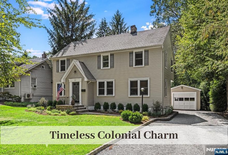 Classic Colonial, appointed with charming Shuttered Windows, a Brick Landing with Iron Rail, and Fluted Pilasters, is nestled in a quiet, inviting neighborhood just moments from the Nature Preserve and Downtown District. The Living Room exudes warmth with original Oak Trim, Brick Fireplace, gleaming Hardwood Floors, and Recessed Lighting. Adjacent Double French Doors open to a cozy Home Office or Den with its own fireplace and ceiling fan, perfect for relaxing or working from home. The Formal Dining Room flows seamlessly into a sunlit, spacious Eat-In Kitchen featuring a Vaulted Ceiling, Pro Stainless Oven, Built-In Micro, Twin Pantries, & Desk Nook. A symmetrical Sink Wall with abundant counters overlooks the rear yard, while a Bluestone Patio, framed by Privacy Hedges, invites Al Fresco Dining. A glass door leads to a Covered Porch w easy access to the garage and driveway. A Full Bath completes 1st Floor. Upstairs, the oversized Primary Suite features a Vaulted Ceiling, Seating Area, & Twin Closets, along with two additional Bedrooms, a crisp Full Hall Bath, convenient second-floor laundry, and a large Linen Closet. The lower level spans the full footprint, featuring high ceilings, flexible rooms ready for a recreation room and Home Gym, plus a workshop and storage. New, pro landscaping. Oversized detached garage with new roof. Top-ranked Blue Ribbon Schools.