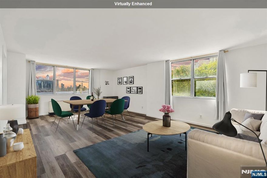 Step into Corner Beauty with Overwhelming Iconic NYC views over the River that elevate your senses in this 3 Bedroom 2 Bath apartment. Surrounded by Urban Convenience. Discover the spacious sun kissed corner floor-plan that offers 1200+-sq. ft of luxury living space, showcasing breathless So/E Iconic views from Empire State Building, Hudson Yards to Freedom Tower & beyond A coveted corner open concept living, dining combo w/ newer Modern plank flooring thru out that delivers everyday comfort! A modern sleek Kitchen w/ newer tiled flooring, backsplash, Quartz counters, newer SS appliances that will inspire the Chef. With 3 Bedrooms at opposite ends for ultimate privacy. Master Bedroom features, ensuite modern tiled full bath+Walk in closet. Tranquility awaits in 2 additional bedrooms w/ NYC skyline views. Monthly fee incl: ALL UTILITIES+Property Tax; Amenities: 24hr concierge, Pool, Fitness, Patio w/grills; lobby level convenient Deli. Discover the Riviera Towers attractive Lobby lounge, onsite Mgmt. Super, attached garage parking, guest parking for a fee, Bike storage. Laundry on each floor; Pet Policy: cats: No Dogs; SVC dogs & ES dogs are permitted. A prime location hassle free commuter options to NYC are right outside your door. Only 4 miles to NYC. A 10% min down payment & financial vetting is required to qualify for Board approval. Contact Angela Cuciniello direct @201. 657-6084 for details. Don't Miss out!