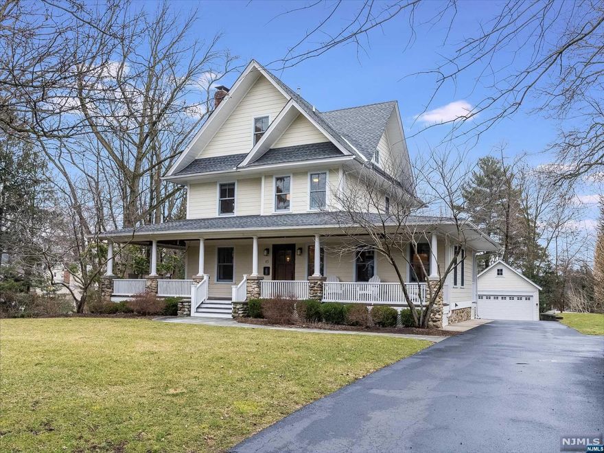 Nestled in a bucolic neighborhood, this sprawling Colonial farmhouse is a true masterpiece of renovation & restoration. Its grand exterior is adorned with a wrap-around porch & the Hardie Plank exterior makes it maintenance free. Step into the open foyer where hdwd floors gleam underfoot & the custom trim & windows reflect the attention to detailed craftsmanship. The gourmet kitchen was featured in 201 Magazine & presents a stunning ctr island w/walnut top. Custom cabinets, marble counters & SS appliances make this a dream kitchen for serious chefs. The 2nd floor features 3 large bedrooms, full bath, laundry, & sun filled office. The 3rd floor primary suite is a true oasis replete w/vaulted ceiling, generous closets & luxurious open & airy bath. Outdoors the back yard boasts a sparkling salt water pool & expansive patio in a private setting surrounded by lush landscaping. Finished LL, gorgeous baths, & hdwd throughout, this completely renovated home is "a home to come home to".