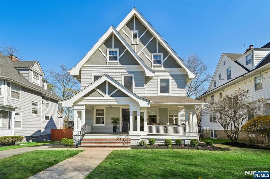 Urban sophistication meets suburban ease in this meticulously renovated 1897 colonial with Victorian charm, where timeless architectural detail blends modern comfort. A gracious front porch welcomes you, perfect for a morning coffee or evening relaxation. Exquisite original woodwork, wainscot panels, pocket doors and intricate moldings create a warm atmosphere. The main level offers a seamless flow for everyday life with the cozy Den, Formal DR, Formal LR with a gas FP and stunning leaded glass window and to top it, a fabulous custom wet bar perfect for entertaining. The eat-in kit is spacious with custom cabinetry, SS appliances and tiled floors, along with an adjacent powder Rm and a mudroom. The second floor features the primary ensuite bedroom with separate dressing area and an abundance of closets and large primary bath with shower, two additional, large bedrooms, and a main bathroom with tub shower. The third floor is spacious and features two bedrooms, office and full Bath along with attic storage access. The recreation/media/gym is found in the lower level, amazing hangout space, laundry Rm and lots of storage. Additional highlights include a detached 3 car garage, private yard, new deck, new stone front steps, C/A 3 zones, ADT security sys, newly painted Interior/exterior located between two train stations and proximity to beloved Watchung Plaza, shops, restaurants, schools. Zoned R2 with the potential for a two-family conversion. A true Montclair gem!