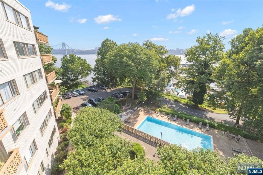 The Caribbean House is a boutique-like building nestled on the Hudson River in the desirable north Edgewater. Just below is a marina, & there's lots of trees surrounding the grounds, including the huge swimming pool. 4D is a large one bedroom, located in the middle of the building giving it a V like shape, for a unique floor plan. It has up close views of the Hudson River & upper Manhattan. The EH has two closets opening to a large living room with a big window w/views. There's a separate eating area between the kitchen and terrace door which is great for indoor/outdoor living. Big terrace has add'l south views and gets lots of sunlight. Renovated kitchen has soap stone type counter tops and lots of space for cooking. Bathroom is updated w/white subway tile. The bedroom is a generous size & has large window with views too. This building is also very conveniently situated with it's own traffic light & in front of a bus stop. This is a coop requiring 3:1 income to debt ratio.