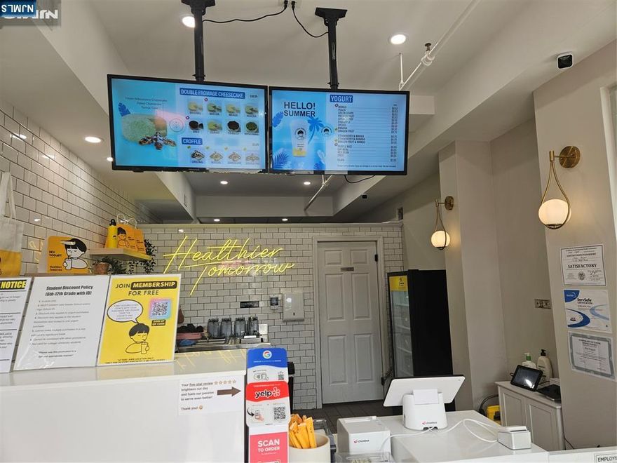 Excellent Business Opportunity - Turnkey Yogurt Shop in Prime Fair Lawn Location! Discover an easy start with a well-established yogurt shop, located in a vibrant strip mall on River Road. Ideal for aspiring entrepreneurs looking to dive into the yogurt, smoothie, and take-out cafe business. It is the trending yogurt franchise for now. It can also offer a transferable ownership for potential buyers. Highlights: Trending Yogurt Franchise: Join a popular and growing brand. Fully Equipped: All equipment and fixtures are less than one year old and included in the sale. Turnkey Operation: Ready for immediate operation. Prime Location: High traffic area with great visibility. Facilities: Private restroom, separate kitchen/storage room. Ample Parking: Convenient parking spaces available.