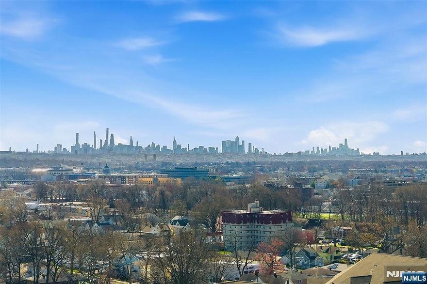 Not to be missed! Stunning unobstructed NYC and panoramic views from HUGE NEWer completely redone 12 X 15 EIK with 12' bay window. Appx 1159 sf. Brightest corner exposure high rise home in the heart of the Prospect Avenue luxury area. NEWer redone bathroom. Extra large rooms include king size 17'+ bedroom, spacious 27' living room with 12' bay window featuring stunning horizon views. NEWer windows and frames. Beautiful pool with NYC views, exercise gym. Laundry and trash rooms each floor. Steps from NYC EXPRESS bus; near NYC train and local bus. Near Hackensack University Medical Center, Close to all shopping, malls and easy/fast NYC access by car.