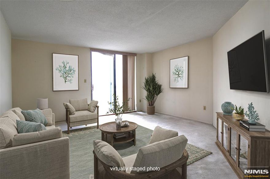 Rare Opportunity: Spacious 1BR/1BA Condo in Luxury High-Rise with Stunning River Views. Donâ€™t miss this chance to own a charming & sun-filled 1-bedroom, 1-bath condo in a prestigious high-rise complex! With a generous 858 sq ft of open living space, this home features a bright living and dining area, modern kitchen, and in-unit washer/dryer. HOA includes private balcony w/ serene water views. 1 deeded parking spot + additional parking with cost, outdoor swimming pool, massive gym, nursery/playroom, community room, on-site management, and NYC transportation at your doorstep â€” just 10 minutes to Penn Station & 15 minutes to Port Authority. Whether you're a first-time buyer or looking for a city escape with quick NYC access, this home checks all the boxes but needs TLC.