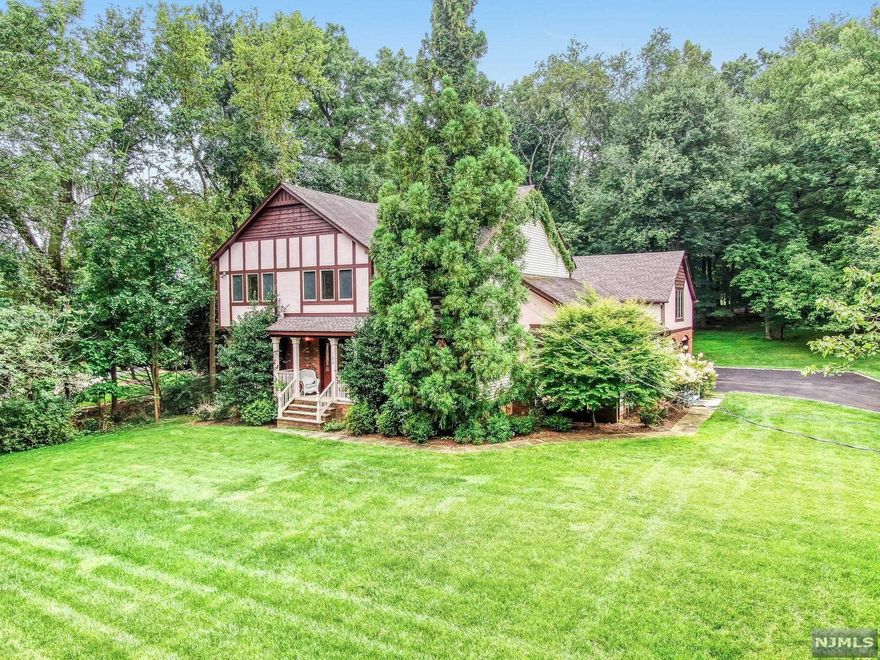 Beautiful Tudor-style Colonial with expansive floor plan and close to an acre of lush property! Welcoming foyer into spacious formal living room and banquet-sized dining room. Large, bright family room featuring dual brick fireplace and sliding doors to deck. Spacious den/dining area including dual fireplace, open to kitchen. Expansive kitchen complete with vaulted ceiling, skylights, stainless appliances and breakfast bar. Powder room completes first level. Side stairwell which leads to a large recreation room. Second level offers generous-sized primary suite featuring vaulted ceiling, walk-in closet and primary bath with vaulted ceiling and double vanity. Three large bedrooms and full bath featuring vaulted ceiling and double vanity completing this level. Picturesque property including large deck and three-car attached garage with huge driveway. Centrally located in Old Tappan! Close to schools, parks and NYC transportation! You will absolutely love living here