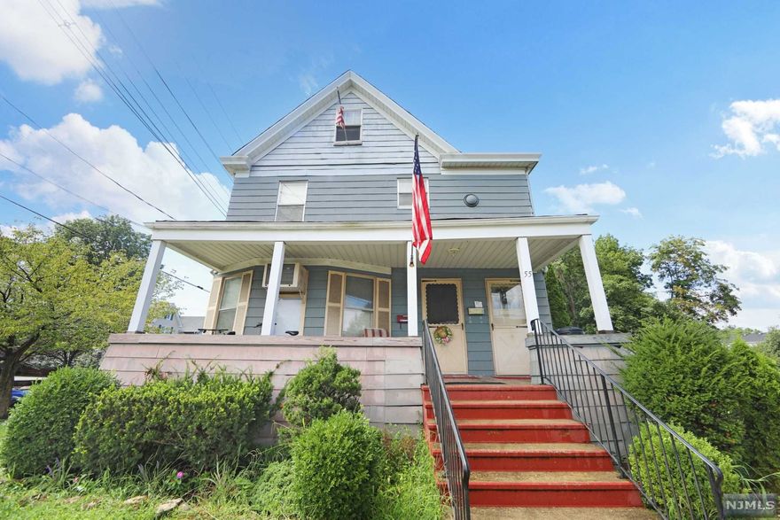 Ideal center of town location for this charming 5 over 4 two family! Inviting open front porch. 1st floor offers: LR, FDR,EIK, 2BRs, & CT bath. 2nd floor: LR,KITCHEN, 2BRS, & Bath. Hardwood floors on both floors. Walk up stairs to attic with one finished room & storage area. Full unfinished walkout basement features laundry hook-ups. Ample parking in driveway + large heated 2 car garage. Storage Shed. Fabulous covered patio for entertaining. Newer furnace. Separate electric & gas. Easy access to NYC bus & train. Conveniently located to most major highways in just minutes! Home being sold in "as is" condition.