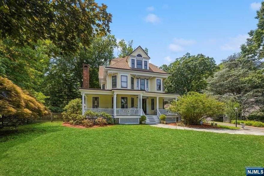 Magnificent 5 BR, 3.5 Bath quintessential Haworth home w/the details & hallmarks of the Victorian Era & sought-after comforts of today. Once owned by General H. Roberts, author (Robert's Rules of Order), this entertainer's delight features a stunning front porch; Entry w/sitting rm & fpl (fpl not used); large living rm w/fpl, triple bay window & pocket door to dining rm w/new coffered ceiling; updated eat-in-kit. w/2nd staircase; mudrm & laundry; full bath; first fl. landing w/triple bay stained glass windows & window seat. 2nd Fl: Primary Suite w/bath; 2 BR; full bath. 3rd Fl: 2 BR: TV Rm; .5 Bath; Walk-in-Closet. New wood floors (1st fl/2nd fl. landing), freshly painted exterior; 2-yr deck; 3-Zone cent. air (2001, 2013, 2019); furnace (2007); 200 amp elec.; det. 2-car garage, koi pond, 9ft ceilings (1st/2nd Fl). Haworth offers top rated schools, 2 golf/country clubs, reservoir nature trail & a charming small-town feel. Short drive to world class shops/restaurants & GW Bridge.