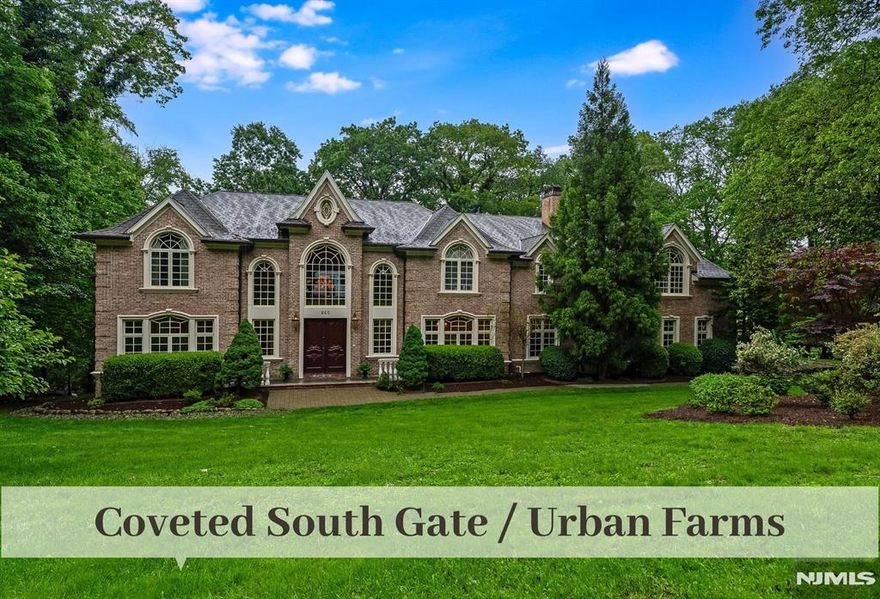 You have to see this one! A truly magnificent Leonard built, 6 bedroom home in Franklin Lakesâ€™ coveted South Gate section of Urban Farms. Built in 2006, this all brick Colonial of approx 6700sq ft features 2-stry entry foyer w/bridal staircase, DR w/coffered ceiling & palladian wdw, stunning grt rm with 30ft ceilings w/flr to ceiling wdws, wet bar and fireplace, office w/cherry wd paneling, coffered ceiling & etched glass drs, chefâ€™s EIK w/glazed cabinetry, top of the line SS appliances, adj brkfst atrium w/skylights, first flr bedroom w/ensuite. Second flr with balcony overlooking grt rm, 4 brâ€™s w/ensuite bths, library w/built-in bookshelves & sumptuous primary w/entry foyer, gas f/p, tray ceiling & sitting area, large walk-in closet and spa-like bathroom with soaking tub, 2 vanities & walk-in shower. And thereâ€™s more, the walk-out lower level is complete w/movie theatre, billiards area, recreation rm w/kitchenette, gym/bonus rm w/bth, storage rm and access to garage. Outside, the romantic bluestone patio with stone rails overlooks the level yard. Paver driveway and walkways, professional landscaped with sprinkler system and 4 Car Garage! Wonderful location close to town and Indian Trail Club
