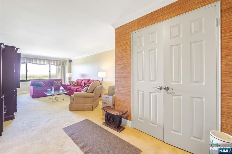 Great spacious condo in a prestigious building on Prospect Avenue. High floor with great western sunset/horizon views off the large terrace. Views from just about every room. Large bedroom with great closet space including a walk-in. Renovated kitchen with newer cabinets, quartz countertops, newer dishwasher, etc. Newer heat/ac unit. Maintenance fee includes a garage parking space, 24 doorman, use of the pool, exercise room and community room. Laundry on every floor. NYC Express bus less than one block away. Hackensack medical center (HUMC) down the street. NYC train, shopping, malls and access to to major highways all not to far away. Get ready to move in!!