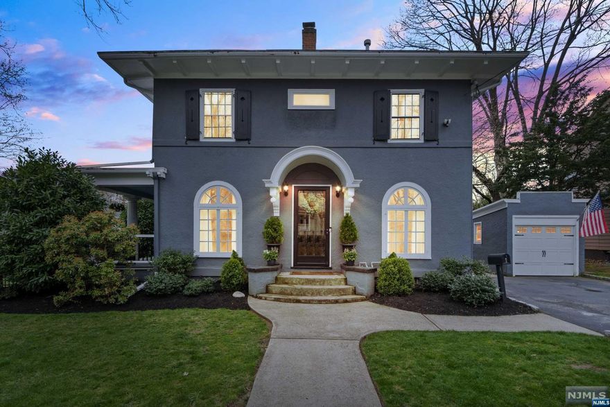 Nestled on a tranquil tree-lined street, this charming and unique colonial home exudes undeniable curb appeal. Upon entering, you are greeted by a sophisticated entryway adorned with white and black marble floors, setting the tone for the elegance and character throughout the home. The living room boasts beamed ceilings and two French door walkouts to the side porch, creating a seamless indoor-outdoor living experience that is both inviting and refreshing. The porch overlooks a private, fenced-in side yard, providing the perfect spot for relaxation and outdoor enjoyment. The dining room features custom built-ins, adding a touch of practicality and style to the space, while the arched windows throughout the home flood the interior with natural light. Functional, eat in kitchen with easy access to dining and living room is great for those who like to entertain. Powder room with laundry completes first floor. The second floor has three good-sized bedrooms and updated bathroom.