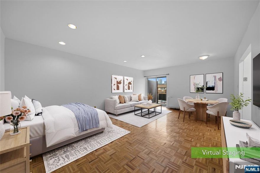 Welcome to WATERSIDE, a gated waterfront community. Spacious STUDIO apartment with Terrace located on 3rd Floor. Parquet Wood Floors. Ideal location with NYC bus in front of complex and 1 Block to Edgewater Ferry. Within minutes away to shops, restaurants, and Whole Foods. Waterside Gated Condo Community features Outdoor pool, and laundry on site. INTERNET, CABLE & 1 OUTDOOR PARKING SPACE included in the rent. No pets per complex pet policy.