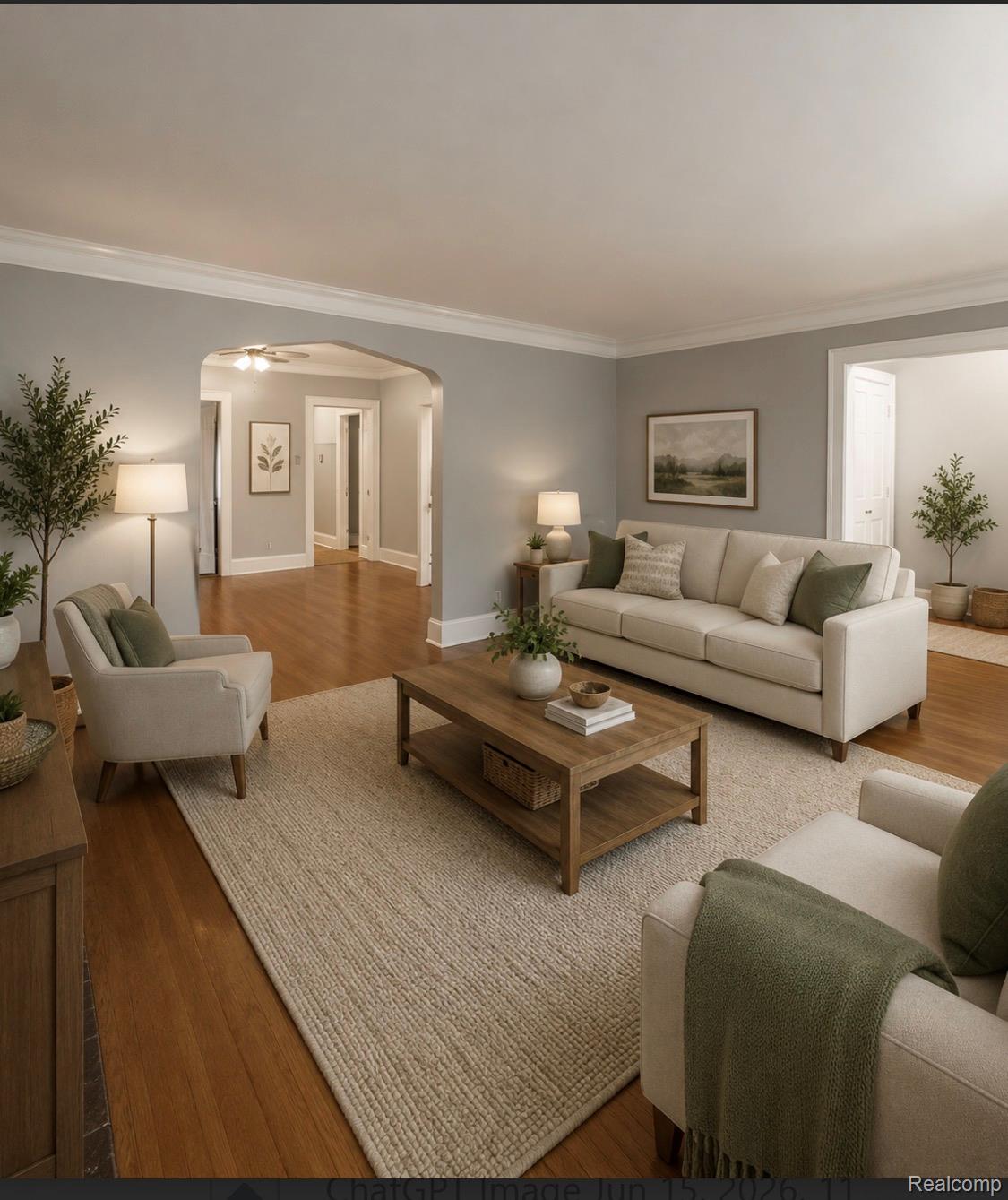 Hardwood flooring throughout a spacious living area featuring crown molding and an arched doorway