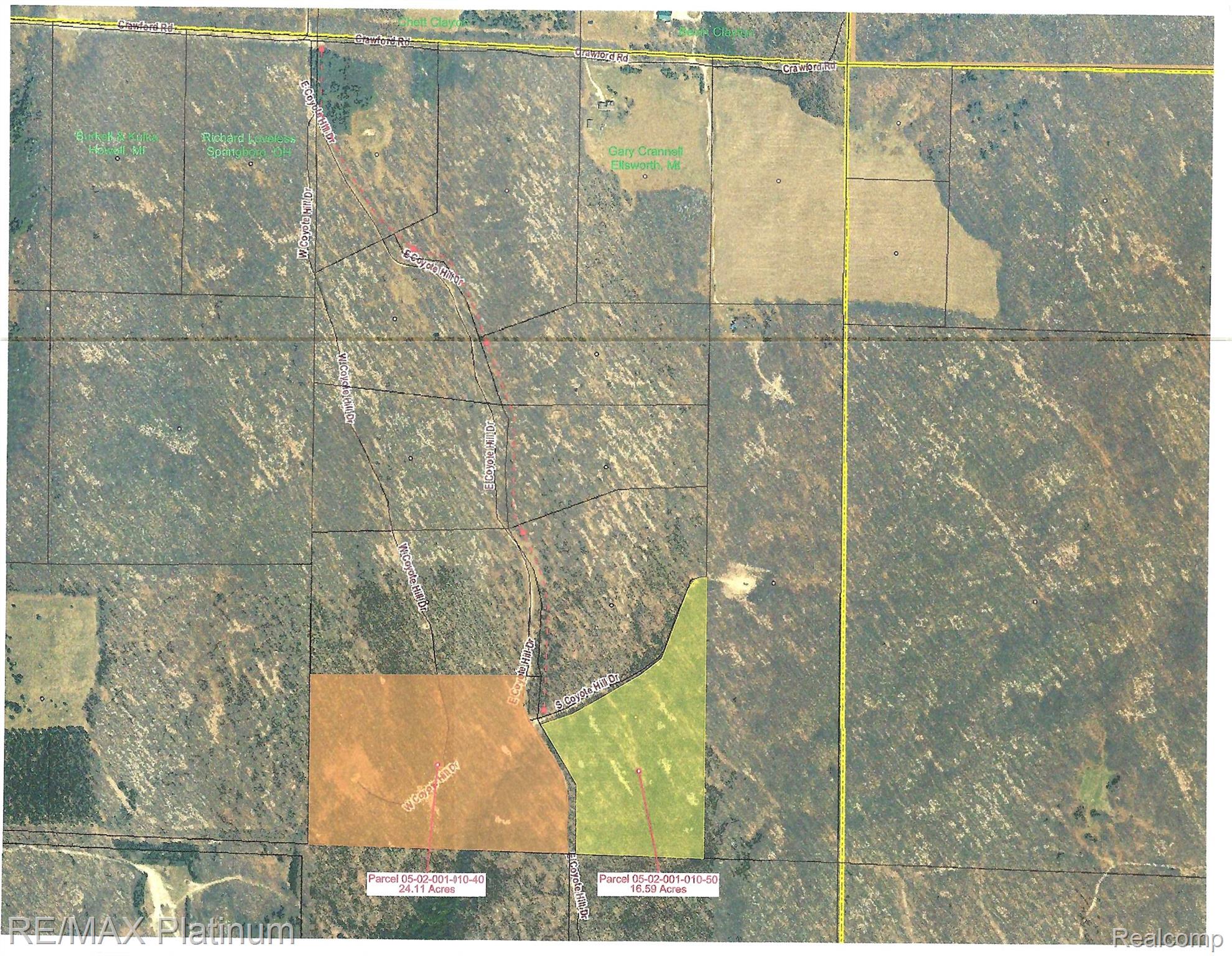 Property is in green shaded area. The red dashes indicate the under ground electrical routing. The red boxes indicate the electrical box location.