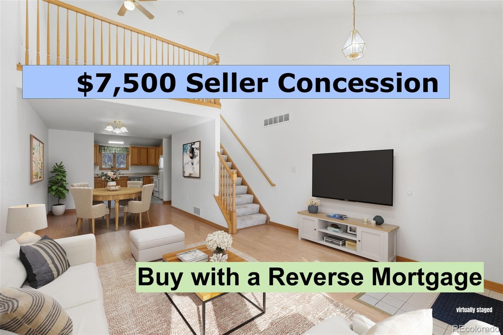 Virtually Staged - View from Living Room into Dining Area, Kitchen and Loft