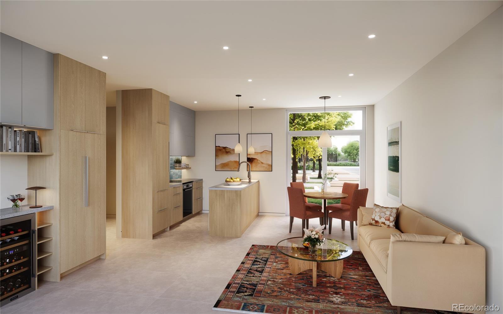 La Vie Lumiere *Interior rendering of the main living level. Corner Residence - 2 Story Townhome facing south, airy open concept. Entertainer's kitchen, huge 5 X 19 patio off the SW side, abundant outdoor living space!