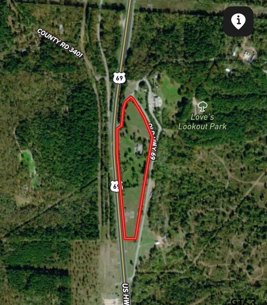 Prime 13.15-Acre Property Across from Love’s Lookout – Historic Charm Meets Incredible Potential! Situated directly across from therenowned Love’s Lookout Scenic Point in Jacksonville, TX, this rare 13.15-acre commercial parcel offers unmatched visibility, rich localhistory, and endless development potential. Originally developed in the 1930s as a vibrant recreational destination, the property oncefeatured a swimming pool, dining hall, and dance hall, serving as a cherished gathering spot for the community. Today, the land retainsnostalgic touches of its past, including remnants of the original pool and a charming stone wishing well, adding character and a uniquebackstory to this beautiful East Texas location. Offering easy access from U.S. Highway 69, the property boasts prime frontage and hightraffic counts, making it an ideal location for a hospitality venture, retail development, event venue, or destination attraction thatcomplements the popularity of Love's Lookout. With breathtaking views, historical intrigue, and one of the area's most sought-afterlocations, this is a rare opportunity to create something truly special in the heart of East Texas! Highlights: • 13.15 acres of commercialland • Directly across from Love’s Lookout Scenic Point • Rich history dating back to the 1930s • High visibility and strong traffic fromUS-69 • Ideal for retail, hospitality, event, or mixed-use development Don’t miss your chance to own a piece of Jacksonville’s past andfuture.