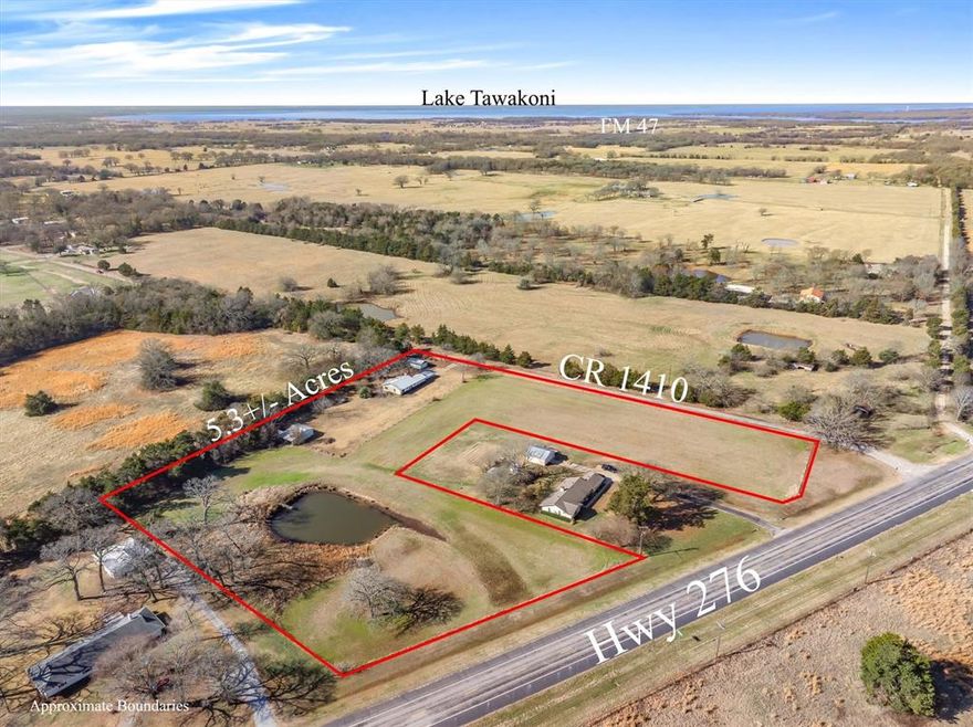 **OPEN HOUSE THIS SATURDAY 2-21-26 10AM - 12PM**  Triple road frontage located outside city limits, 620ft on County Road 1410 and 422ft on St Hwy 276. Nestled in the countryside of East Texas, this 5.33-acre property offers the perfect blend of peaceful rural living and endless potential, all conveniently located less than 5 miles from the renowned Lake Tawakoni—the Catfish Capital of Texas and a premier destination for boating, fishing, and outdoor recreation just about 50 miles east of Dallas.  At the heart of the homestead sits a cozy 2-bedroom, 1.5-bath home featuring a warm wood-burning stove that fills the space with inviting ambiance on crisp evenings. The layout includes a 1-car garage and additional covered parking, providing protection for vehicles and easy access during Texas weather changes.  Step outside, and the real magic unfolds across the expansive acreage. A serene pond graces the property, ideal for quiet reflection, fishing, or simply enjoying nature's tranquility. Complementing the homestead are outbuildings, a powered workshop ready for projects, hobbies, or tinkering, a storage building for equipment and tools, and a chicken coop for those interested in a bit of self-sufficiency or fresh eggs.  Whether you're envisioning this as a serene weekend getaway to escape the city, a comfortable place to live while you build your dream home, or even a charming rental property for extra income, the possibilities are as wide open as the East Texas skies. The current home offers solid bones and immediate usability, while the land provides ample space for expansion, gardening, livestock, or your custom vision.  Embrace the laid-back lifestyle of East Texas—tall pines, open horizons, abundant wildlife, and proximity to Lake Tawakoni's endless recreational opportunities. This isn't just a property, it's a canvas for your next chapter. Schedule your showing today and discover the peaceful, versatile retreat you've been searching for!