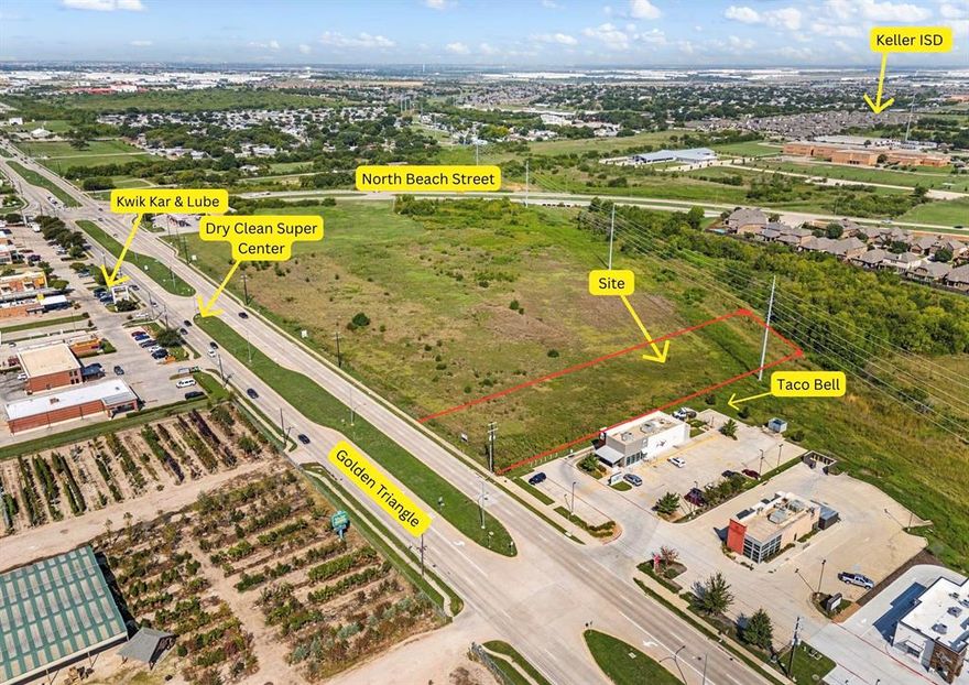 Prime Commercial Land Opportunity – Golden Triangle Blvd & North Beach Street
Position your business for maximum success with this exceptional commercial land parcel located on Golden Triangle Blvd, one of the busiest and most visible corridors in North Fort Worth. Situated at the high-traffic intersection of Golden Triangle Blvd and North Beach Street, this property offers unparalleled exposure and accessibility.
Surrounded by thriving national and local businesses, including Taco Bell, Dry Clean Super Store, Waffle House, Kwik Kar, Walgreens, and the Fort Worth Public Library, this site benefits from consistent daily traffic and built-in consumer draw. The steady flow of commuters and residents makes it the perfect location for a business seeking high visibility, easy access, and strong customer reach.

With excellent frontage, strong neighboring anchors, and nonstop traffic counts, this property represents a rare chance to secure a premier commercial spot in one of Fort Worth’s fastest-growing areas. Whether for retail, restaurant, service, or professional use, this site is tailor-made for a business ready to capitalize on growth, visibility, and convenience.