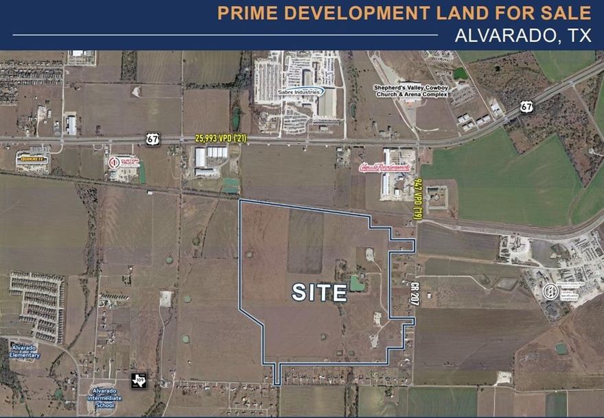 Alvarado, TX ±243ac: 

-Size: 243.634 acres

-Zoning: AG-Vacant ETJ Land (A portion of the tract lies within Alvarado ETJ & another portion lies within the Venus ETJ)

-Utilities: 900ft well (12 inch diameter producing 25 GPM- State well #109509) on the property, Water (8 inch water line on the East side of the property & on the South side of the tract), and Electricity available - Sewer in proximity 

-Rail access

-Oil Gas lease- we have an agreed upon Surface rights agreement

-Close proximity to HWY 67 with great ingress & egress


Please reach out for all information & marketing materials