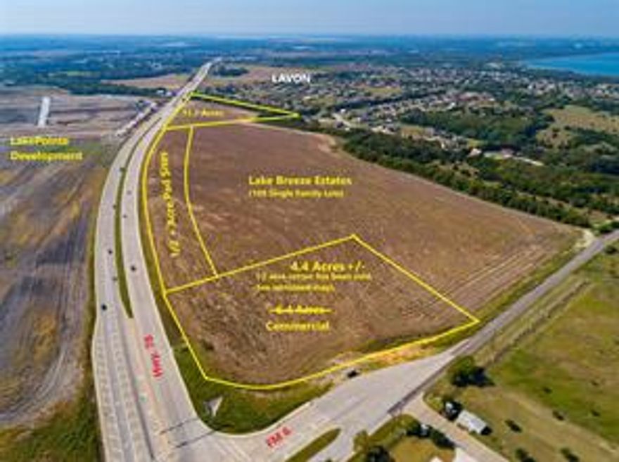 This property is an excellent property for a retail development such as a grocery store, or retail center.   It is surrounding the corner of State Hwy. 78, a six lane divided highway, and FM 6.  It sits across Hwy 78 from the new 200 acre LakePointe Community currently under development. Adjoining that development is the Elevon Community, a mixed use development of approx. 1,600 acres with the first phase currently under construction.   Lavon is experiencing explosive growth as residential development continues with these and other developments in process.  This increase in residential development is adding to the need for commercial-retail development to service the increasing population in the area.