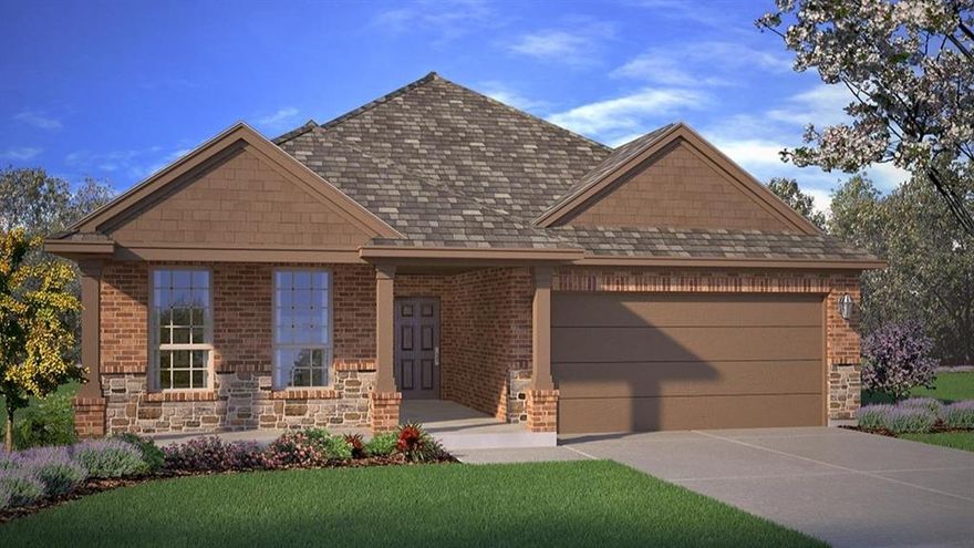 Beautiful new D.R. Horton home in the Morningstar community located in highly sought-after Aledo ISD! The Portales floorplan, Elevation I, with an estimated summer completion, offers a spacious single-story layout with 4 bedrooms, 2 bathrooms, and a 2-car garage, designed for comfortable everyday living. The open-concept design features a generous family room that flows into the dining area and modern kitchen, creating an inviting space ideal for daily living and entertaining. The kitchen includes 42” upper cabinets with crown molding, cabinet hardware, soft-close drawers and cabinets, quartz countertops, a ceramic tile backsplash, stainless steel appliances, a gas range, and a pantry for added storage. RevWood flooring extends throughout the main living areas for durability and style. The private primary suite features an en-suite bath with dual sinks, a walk-in shower with built-in seat, a linen closet, and a spacious walk-in closet. Three additional bedrooms provide comfortable accommodations for family, guests, or a home office. A covered patio enhances outdoor living, while modern finishes, energy-efficient construction, and America’s Smart Home Technology package add everyday convenience. Exterior features include a landscaping package with a full sprinkler system and a fully fenced backyard. Morningstar residents enjoy resort-style pools, playgrounds, parks, a dog park, and scenic walking trails.