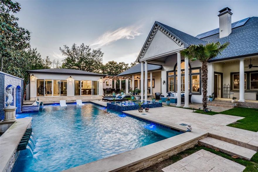 Exceptional estate on two-thirds acre in the heart of Preston Hollow. No detail has been overlooked. Expansive open concept kitchen living area overlooks newly built salt water pool with 10-person spa, waterfall feature & cabana house with full kitchen. Primary suite is a peaceful 1st floor sanctuary with fireplace, sitting area, coffee bar and his & hers bathrooms with heated floors. 5 spacious secondary bedrooms all with private baths, media room, office, guest suite, bunk room for 6, home gym & computer lab, private apartment or guest quarters. Built with Nurdura insulated concrete form construction, radiant barrier & solar panels this large home is highly energy efficient. Luxury and function at its finest.