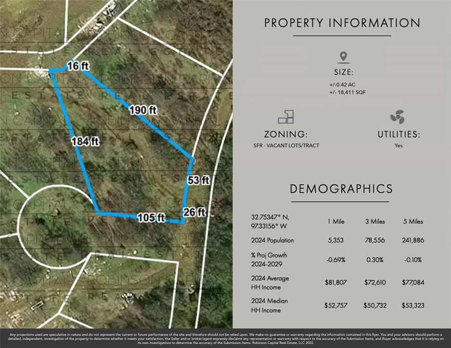 LAND FOR SALE - Any information used to advertise this listing is speculative in nature we make no guarantee or warranty regarding the information contained. Br0ker, agnt & seller expressly disclaim any warranty with respect to the accuracy of the submission items. Buyer & buyer’s agnt acknowledges they are relying on their own investigation & should perform a detailed independent analysis of the property to determine if it meets your satisfaction & accuracy of MLS data fields. Robinson Capital Real Estate, LLC will not be held liable for any MLS system errors and or discrepancies. Robinson Capital Real Estate, LLC 2025.