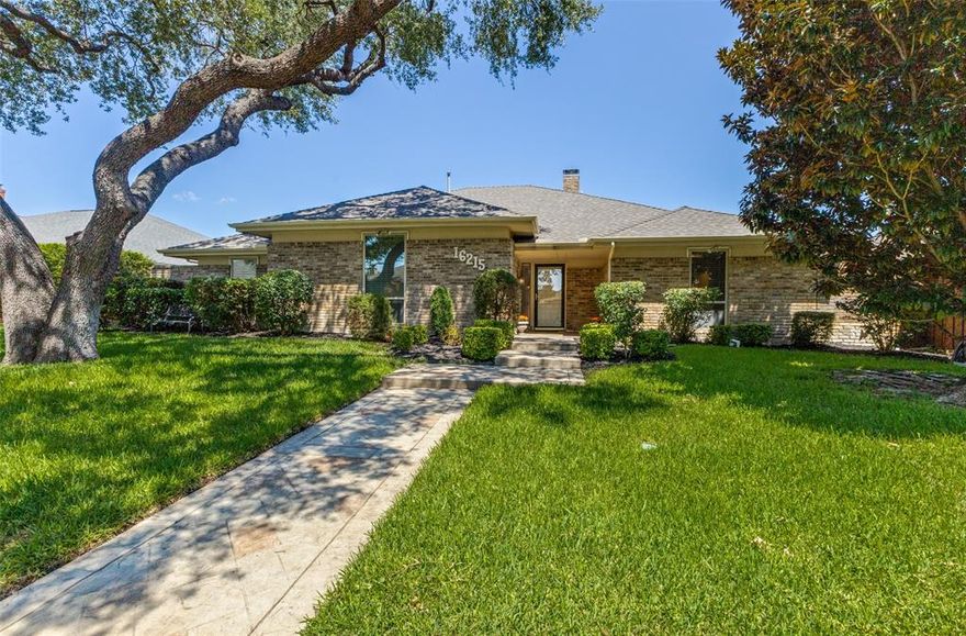 Welcome to this transitional 5-bedroom, 3-bath, 2 living area residence in the friendly neighborhood of Prestonwood, near Brentfield Elementary. Designed with both comfort and functionality in mind, the home offers an inviting floor plan highlighted by a spacious living room with a stunning marble fireplace and cased ceiling. The formal dining room impresses with its vaulted ceiling, while the kitchen features abundant cabinet space, granite countertops, double ovens, a built-in microwave and a generous breakfast area with built-ins. A bright sunroom-solarium with skylight and vaulted ceiling fills the home with natural light, opening to the pergola, patio, pool and spa within a fenced private backyard. The spacious split primary suite offers double vanities, two walk-in closets, a separate shower and a relaxing garden tub. A versatile fifth bedroom or private game room provides additional space for entertaining or quiet retreat.  Newly refinished light wood flooring shines throughout the living room, dining room, sunroom and walkways enhancing the home's bright and open feel. In this great three-way split bedroom arrangement, one of the bedrooms is thoughtfully outfitted with built-ins, making it ideal for a home office. The property also includes a second fenced yard designed for a dog run off one of the other bedrooms. Distinguished by its generous spaces, thoughtful design and unbeatable location, this home truly has it all.  Conveniently close to Preston Road, the Dallas North Tollway, George Bush, Hillcrest Village, parks, restaurants and kid’s activities and situated in a Public Improvement District with seven days a week neighborhood police patrol - this Prestonwood residence offers both lifestyle and peace of mind.  Per sellers, the roof was replaced in 2019.