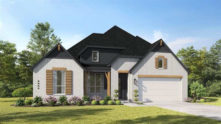 Design selections may still be customizable - contact the Sales Team for details! Welcome to the stunning Ramsey plan in Ridge Crossing, a boutique community featuring pickleball court, playground, walking trails, low tax rate, & no PID! This impressive 1-story home offers 2,887 sq. ft. on a quarter-acre corner lot with a 3-car tandem garage. The modern farmhouse exterior showcases White Birch brick, cedar accents, Onyx roof, & covered front porch. Inside, soaring ceilings & modern arches create a dramatic entry leading to a private study, while a rear pocket office provides add'l workspace. The kitchen is the heart of the home, featuring built-in appliances, 5-burner gas cooktop, oversized island wrapped in cabinetry, & impressive walk-in pantry. The spacious family & dining rooms feature stunning 16-foot vaulted ceilings & floor-to-ceiling gas fireplace. A tall sliding glass door opens to the large covered patio, complete with a gas line. The extended primary suite offers a freestanding tub, walk-in shower with tiled pan, dual vanities, & a large walk-in closet with extra tall ceilings. One guest bedroom includes a private en-suite bath with walk-in shower, while two add'l bedrooms share a Jack-and-Jill bath. An exclusive game room creates an ideal setting for entertaining, complemented by a convenient powder bath. Don’t miss your opportunity to make this exceptional home yours. Schedule your tour today!