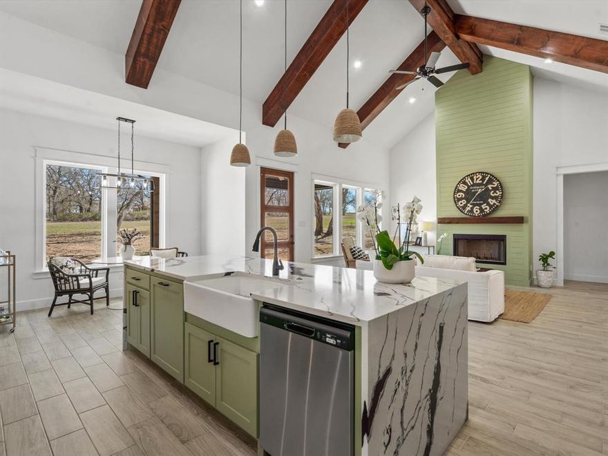 Welcome Home to this newly constructed Modern Farmhouse MOVE IN READY, on 2 ACRES of Country living with an effortless commute to the city. Enjoy this 4bdr, 2.5 bath 2,549 sqft 2-car garage. Open concept living room with a barn-wood mantle fireplace, vaulted wood-beam ceiling into dining and kitchen area providing ample space for everyone. The split formal dinning area or study can be closed off for extra privacy with a sliding barn door. Notable features of the kitchen include custom cabinets, a hall-way walk-in pantry, and a spacious waterfall island with plenty of seating for family and friends. A breakfast area with a wall of windows that allows for you to view the serene property. The owners retreat has opposite dual vanities, separate shower, a soaking tub, and a large walk-in closet. The mud room in the hallway is conveniently located near the garage door. Finally when the day is done, Relax under the large covered patio for the best weather in Texas country living . No HOA!