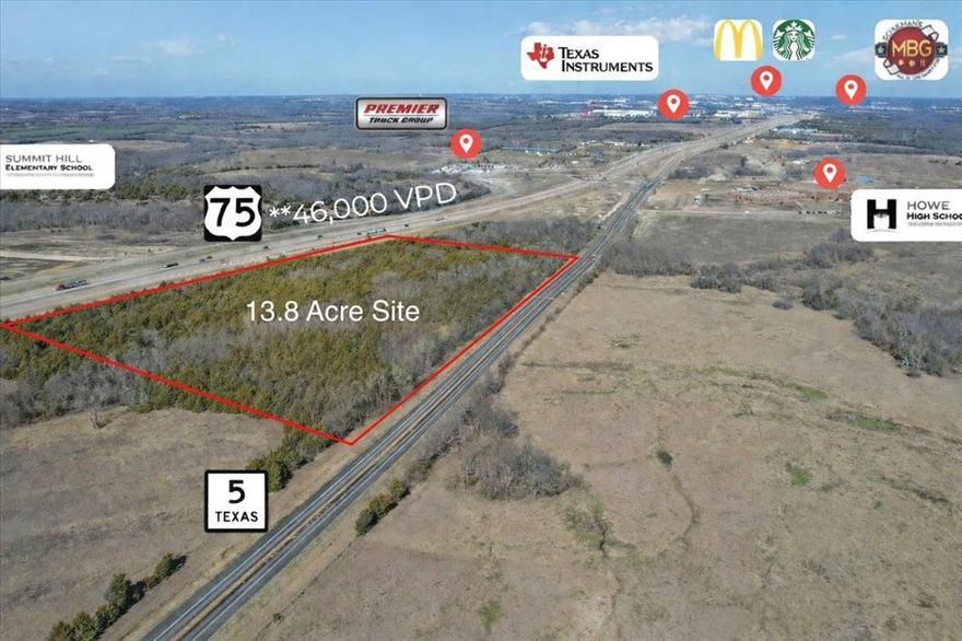 Positioned as a key entry point into Sherman and the North Texas growth corridor along Highway 75, this 13.8+ acre tract at N Collins Freeway offers a prime opportunity in the direct path of expansion driving north from DFW. Located minutes from Texas Instruments’ multi-billion-dollar campus and surrounded by major industrial momentum including GlobalWafers and Coherent, the area is experiencing rapid growth fueled by job creation, infrastructure investment, and multiple single and multi-family developments breaking ground and in planning. Water and sewer are in place, and the City of Howe’s pro-growth approach supports a wide range of commercial, flex, or mixed-use opportunities. With strong frontage on both Highway 75 and Highway 5, this site offers excellent access, visibility, and long-term upside as Sherman, Howe, and Van Alstyne continue to expand—making it a strategic hold or development play in one of North Texas’ most active growth corridors.