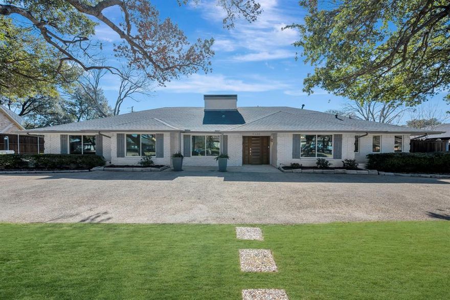 Classic North Dallas sprawling ranch home on a large, treed lot.  Mature landscape, trees, circular drive, side drive, alley access with extra parking.  Perfectly blended traditional exterior lines accented with contemporary finishes and flair.  So many unique built-ins and details.  Large windows afford a bright and airy feel.  Oversized rooms with a flowing open floorplan.  Split bedrooms with possible guest 2nd primary suite.  Decorator lighting and finishes throughout the home.  Exquisite stone craftmanship in the kitchen, all bathrooms, wet bar and dry-stacked stone fireplace as a statement wall.  Kitchen, family and breakfast areas overlook the tranquil pool and backyard.  The accessory building can be a pool house, exercise room, office, playroom, game room - so many possibilities and has a half-bath. Wet bar in the family room also has service window to large, covered patio-outdoor living space.  Spectacular private setting for the primary suite, overlooks the pool. The primary bath is a spa like dream, wet room concept with designer tub and rain head shower.  Kitchen is a cook's dream!  Countertops that never end, cabinets and drawers for every need. Built in hutch in breakfast area.  Centrally located and open to the family room, eat-in area, backyard-pool, dining room and owner's entry hall from garage.  All solid surface flooring throughout - no carpet.  Light and classic color scheme with modern designer lighting fixtures.  Private laundry area with space to utilize for crafting or hobbies.  Thoughtfully and with understated classic and modern touches, this home offers so many possibilities on how to purpose the rooms for your unique lifestyle needs.  Flexible spaces for today's demands on living.  The fully fenced backyard is private and comfortable - perfect for those lazy afternoons in the pool or quiet alfresco dinner parties.  Large decking-patio areas for entertaining.  Pool needs TLC, seller is offering a $20,000 allowance.  This home has it all.