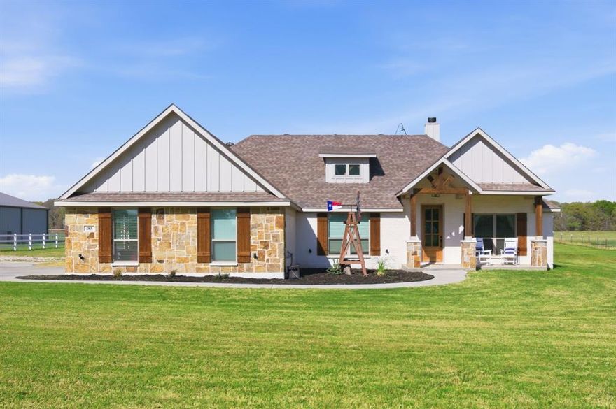 Rural Retreat with Modern Comforts and Unique Amenities. NO CITY TAXES, NO HOA, AND NO ANIMAL RESTRICTIONS. Discover your dream sanctuary nestled in the serene landscapes of Poolville.  This charming four bedroom, two bath residence effortlessly blends rustic elegance with modern conveniences, offering an open concept design ideal for both relaxation and entertainment.  Enjoy a harmonious balance between indoor and outdoor living.  Step inside to be greeted by stunning vaulted ceilings accented with rustic wooden beams.  The expansive living area flows seamlessly into a large kitchen designed for culinary enthusiasts, featuring gas cooking and ample countertop space.  Enjoy your outdoor paradise spanning over two scenic acres.  Whether hosting gatherings on the impressive 1,100 sq ft deck or taking a refreshing dip in the newly installed pool.  This property includes a barn with a 12x30 tack room complete with an attached chicken coop and an option to keep the chickens.